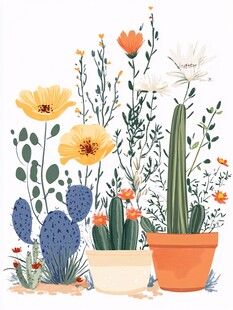 盆栽花卉与仙人掌组合