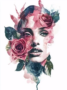 梦幻玫瑰少女水彩艺术图