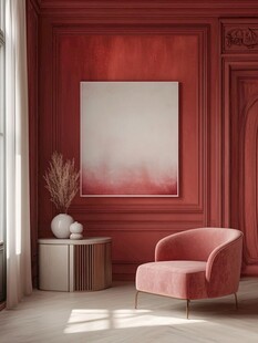 红墙粉椅的优雅室内角落