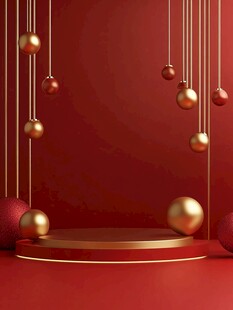 红色背景下的金色装饰展示台