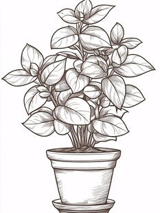 盆栽植物黑白线条插画