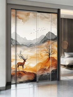 中式山水麋鹿艺术玻璃门