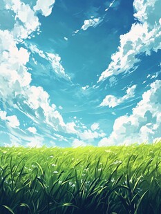 梦幻蓝天绿草地风景图