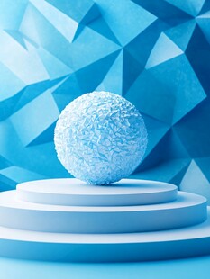 蓝色几何背景中的球形展品