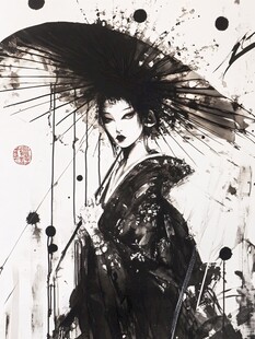 水墨风持伞和服女子