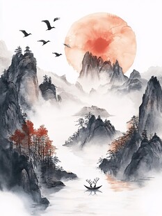 水墨山水间的孤舟落日景