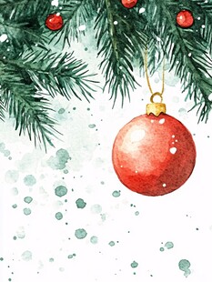 圣诞松枝挂饰水彩画