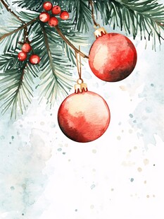 水彩圣诞装饰松枝小景