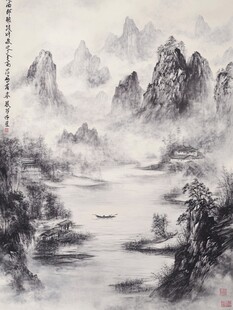水墨山水间 孤舟泛江景
