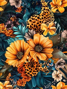 热带花卉与豹纹图案组合