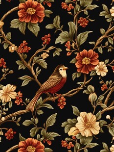 花鸟复古风黑色背景图案