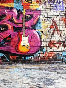 吉他涂鸦墙前的艺术空间
