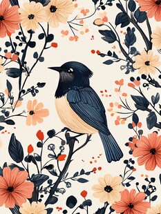花鸟插画 灵动小鸟栖繁花间