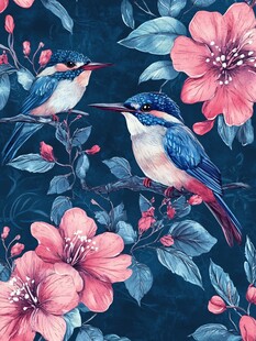 花鸟绘景 翠鸟与繁花