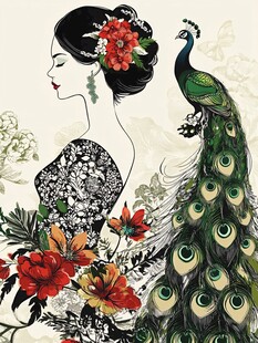 古典佳人伴孔雀花卉图