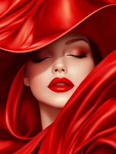 红绸遮面的优雅神秘女性
