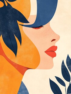 优雅女性侧脸与植物插画