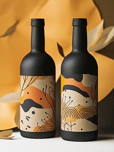创意图案装饰的黑色葡萄酒瓶