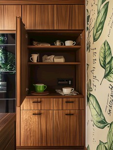 木质橱柜内的温馨茶具陈列