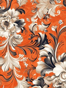 橙底花卉复古风图案设计