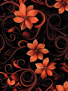 黑色底橙色花卉卷曲线条图案