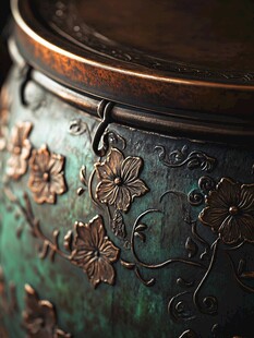 复古铜制雕花容器细节