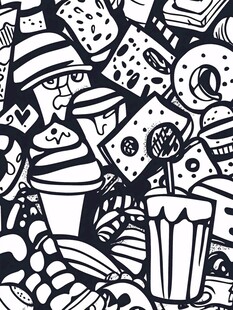 手绘黑白缤纷甜品插画