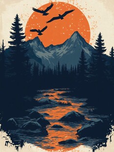 落日山林溪流飞鸟图景