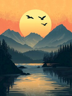 落日群山飞鸟静谧湖景图