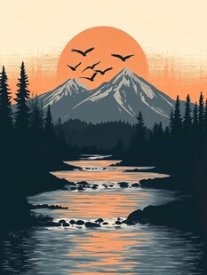 夕阳下的山林河流美景