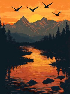 夕阳下飞鸟绕山林河流