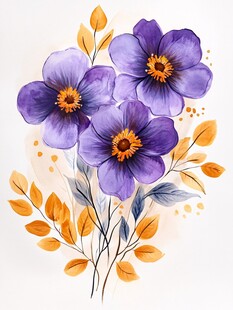 紫色花卉插画与金黄叶片