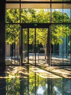 阳光洒落的玻璃门入口