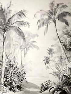 热带风光黑白插画