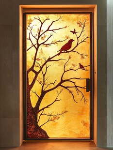 金色花鸟艺术门饰图案