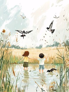 孩童嬉水间的自然野趣