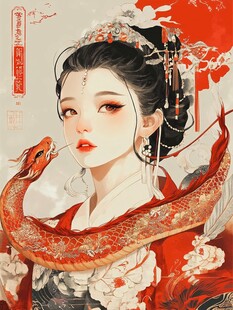红衣女子与灵蛇古风绘