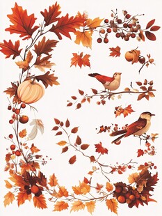 秋日花鸟枝叶装饰图案