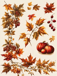 秋季元素 枫叶南瓜浆果图案