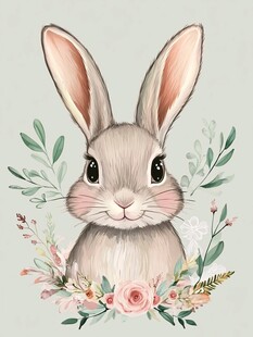 可爱萌兔与花卉装饰画