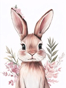 可爱小兔与浪漫花卉插画