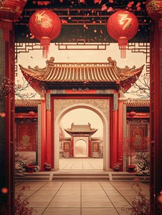 中式庭院红灯笼喜庆景象