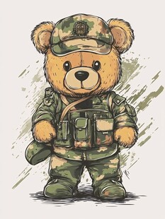 军装小熊插画