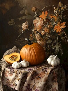 秋日静物 南瓜与花卉之美