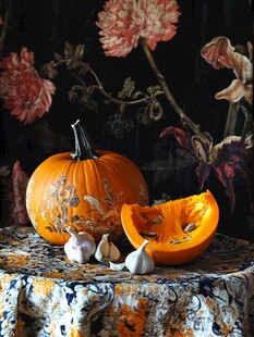 南瓜与大蒜的静物艺术