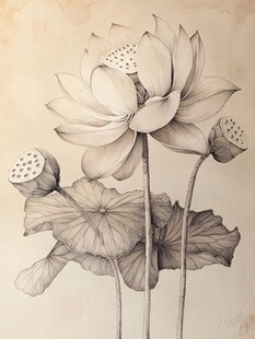 水墨风莲花素描画