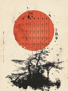 日式浮世绘风红日松树图