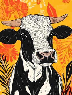 黑白花牛的热带风情插画