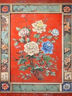 中式红底花卉彩绘图案