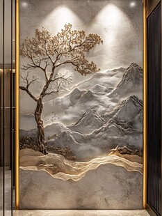 中式山水树纹玄关装饰画